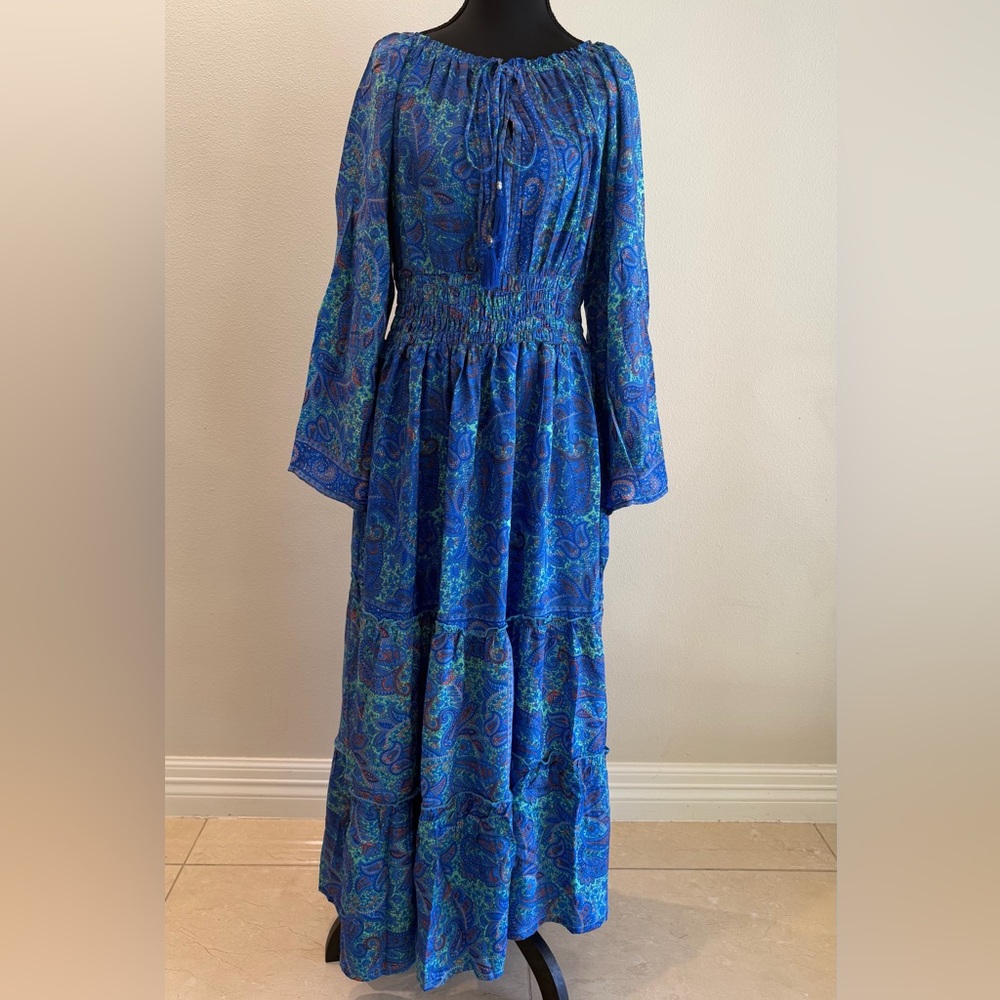 Chic Long Sleeve Blue Paisley Dress